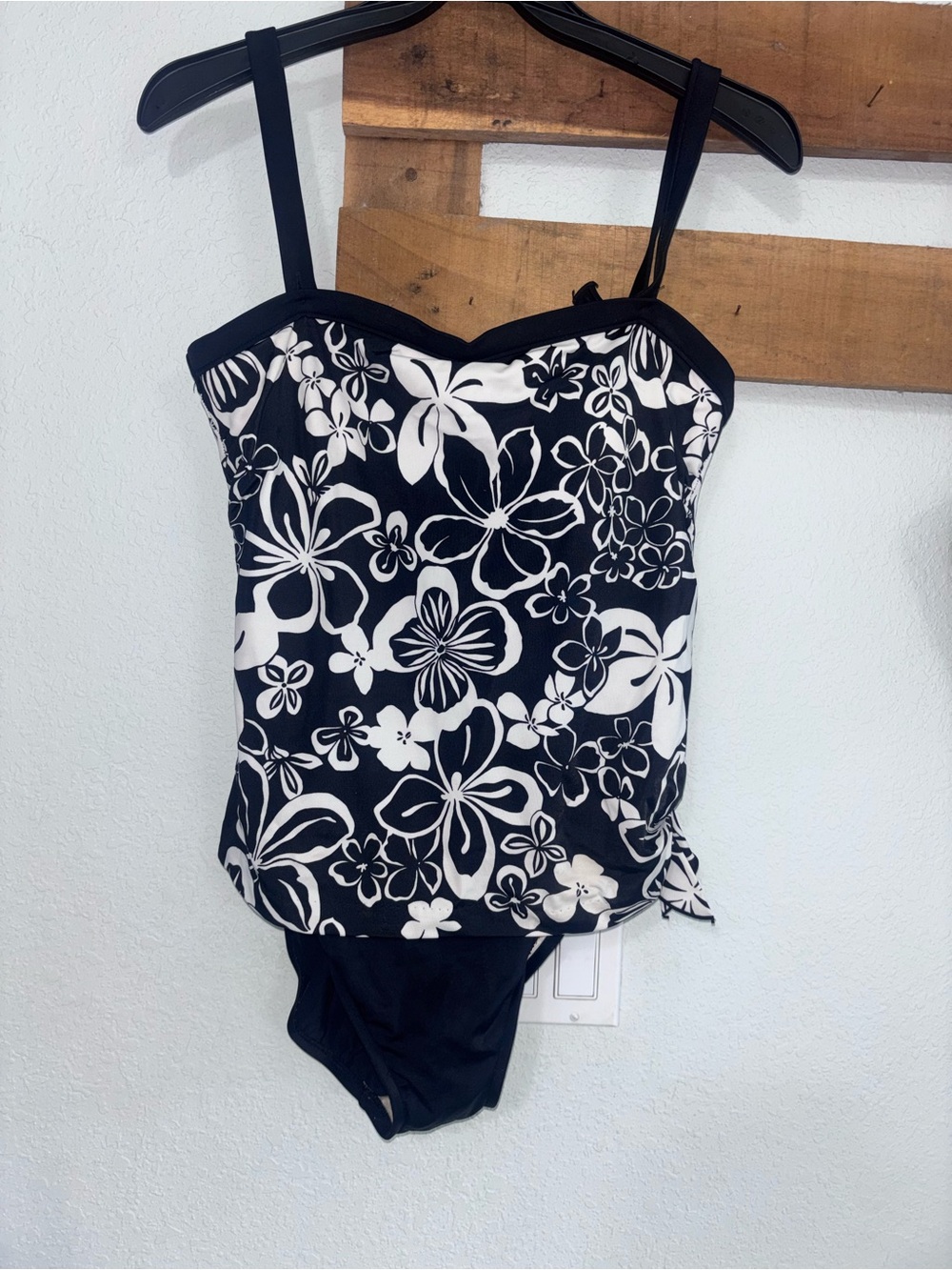 Black & White Floral Tank One-Piece Swimsuit with Removable Straps